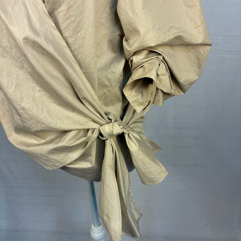 NWT Zara Ruched Sleeve Poplin Wrap Blouse Light Tan L - Picture 6 of 10